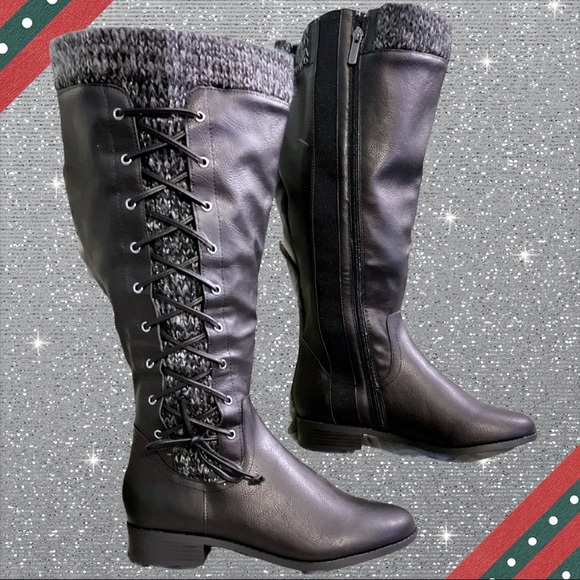 Torrid Black Faux Leather Sweater Criss-Cross Knee Boots Wide calf New in Box - Picture 9 of 13